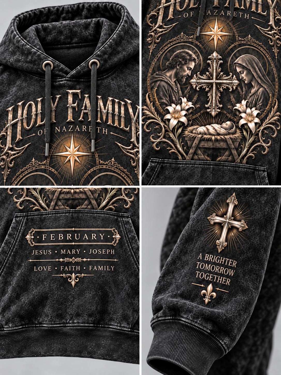 A dark washed hoodie shown in a four-panel collage, featuring large gold-toned religious graphics on the front and sleeves, including the text 'Holy Family of Nazareth,' 'February,' and 'A Brighter Tomorrow Together.'.