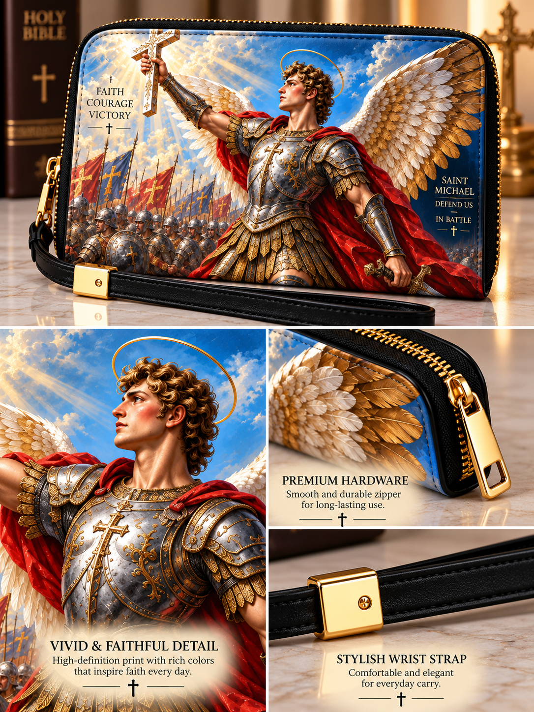 A zip-around wristlet clutch with a printed illustration of a winged saint or angel in armor, shown in a three-panel collage. The top panel shows the clutch on a reflective surface with a wrist strap; the bottom-left panel shows a close-up of the printed artwork with text overlays; the bottom-right panel shows a close-up of the gold-toned zipper and hardware.