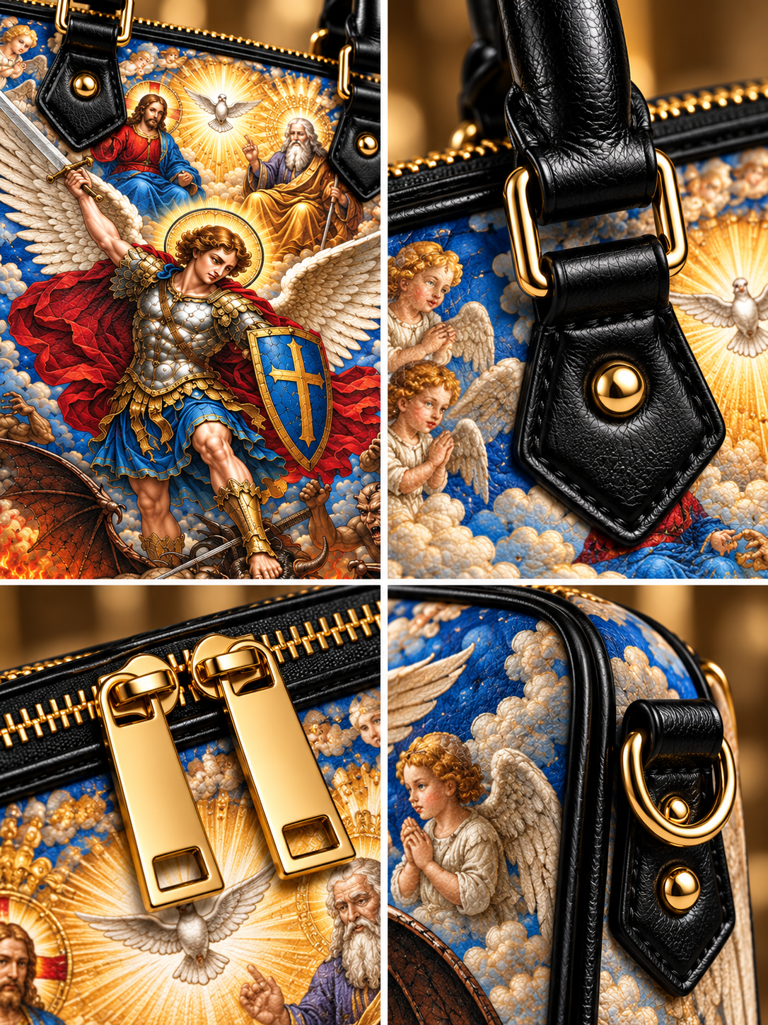 A four-panel close-up collage of a handbag featuring a detailed religious illustration with angels, clouds, and gold-toned hardware. The panels show the printed artwork, black leather trim, zipper area, and hardware details.