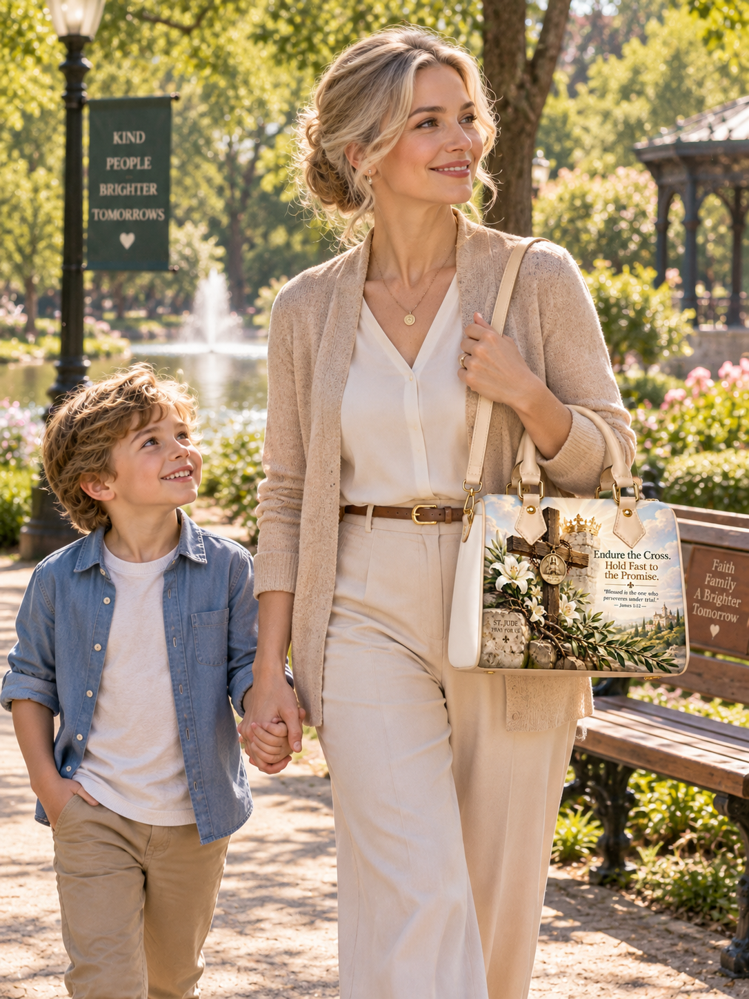A structured handbag with beige faux-leather handles and trim, featuring a detailed religious graphic print of a wooden cross, white lilies, a gold crown, and scripture text on a white background.
