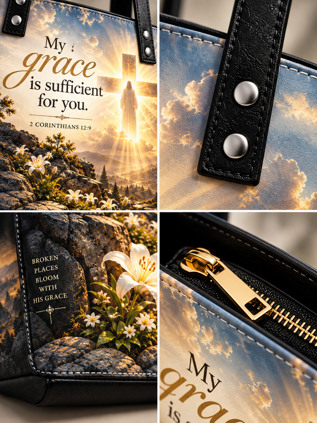 A collage showing a black handbag with a religious scenic print: golden sunrise over a cross and clouds, white lilies and flowers, and the text 'My grace is sufficient for you' and 'Broken Places Bloom with His Grace.' Close-up details include black leather straps with silver rivets, a gold zipper pull, and the printed design on the bag.