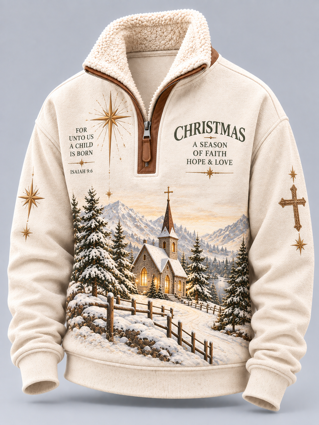 An off-white fleece-lined quarter-zip pullover sweatshirt featuring a detailed Christmas winter scene with a church, snowy trees, mountains, and inspirational Bible verses printed on the front.