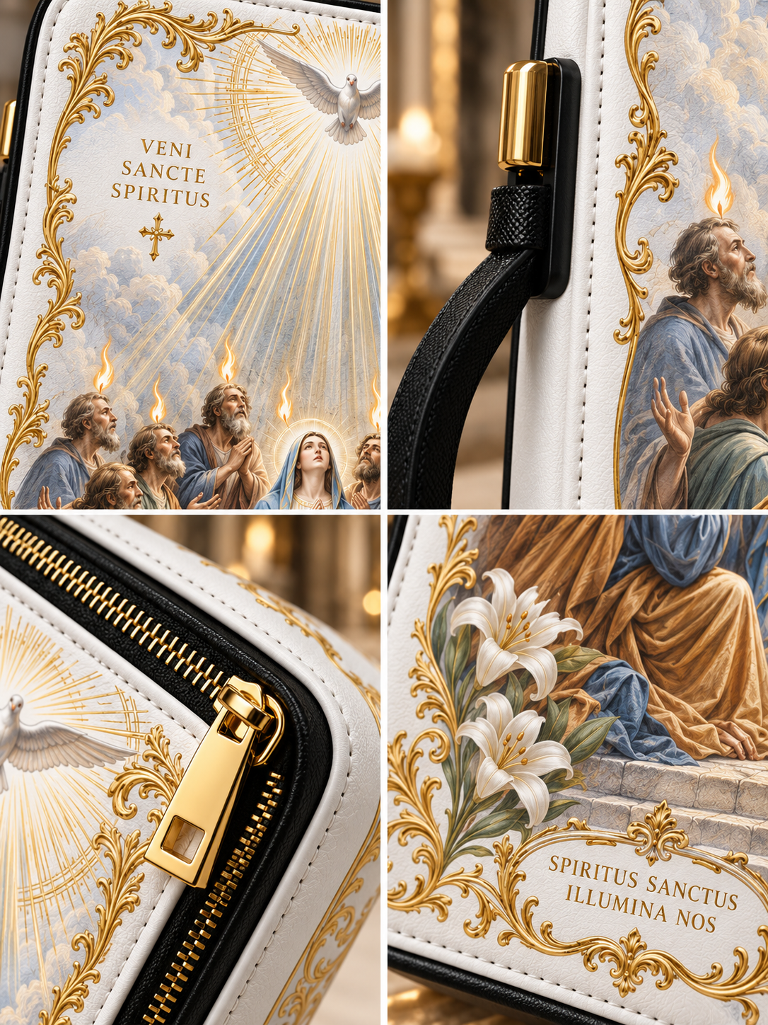 A close-up collage of a handbag or clutch with an ornate religious print. The white faux-leather surface features gold baroque-style borders, a printed scene with figures and a dove, black trim, a black strap, and gold-tone hardware including a zipper pull and clasp.