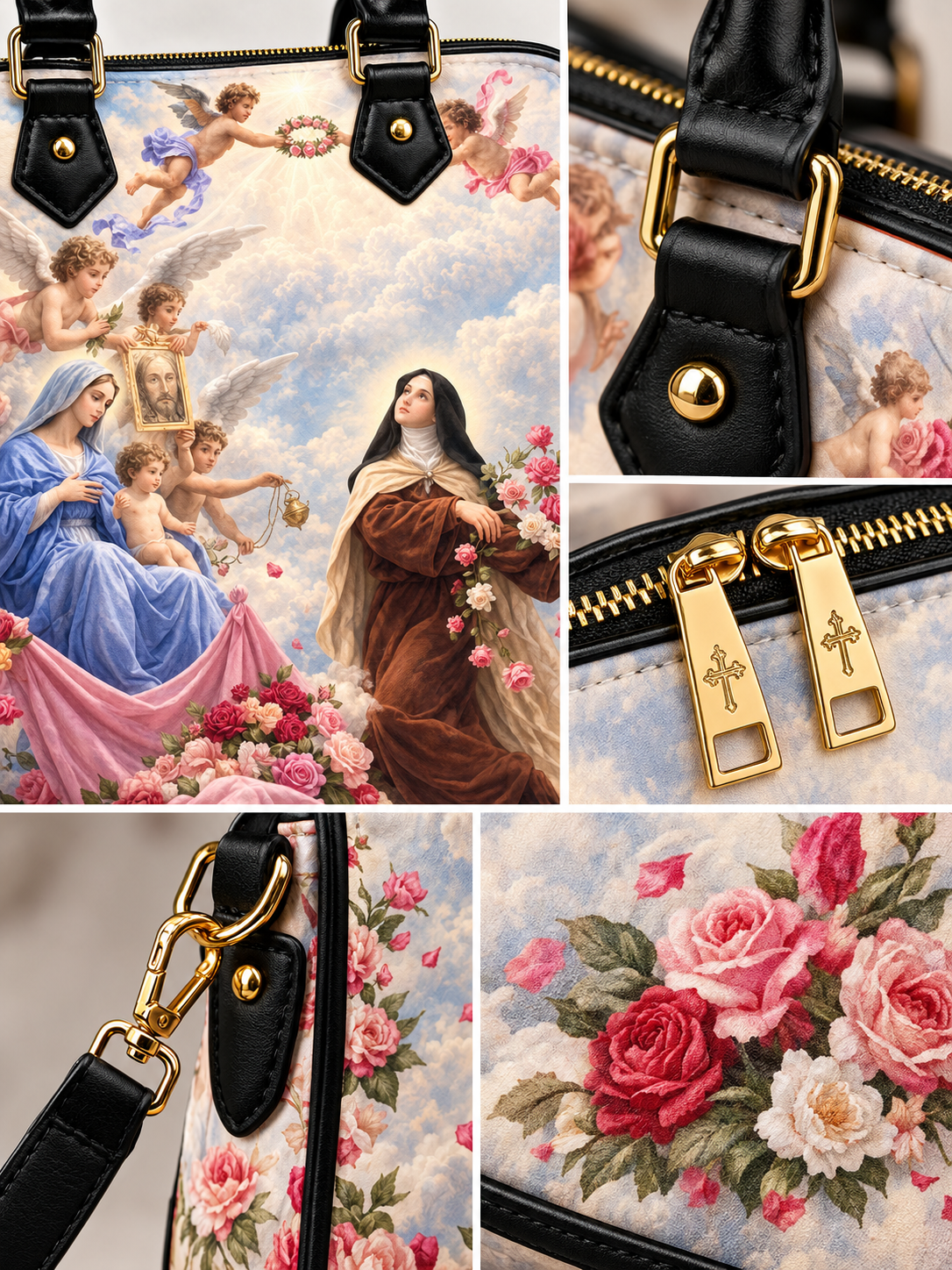 A collage showing a handbag with a religious art print featuring angels, a robed woman, and pink roses, plus close-up details of black leather trim, gold hardware, and floral artwork.