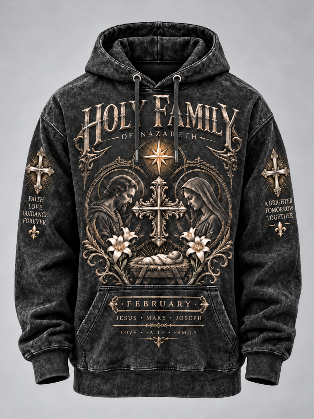 A dark gray acid-wash pullover hoodie featuring a detailed gothic-style graphic print on the front with 'Holy Family of Nazareth' text, a central cross, Mary, Joseph, and baby Jesus, floral accents, and scripture text on the sleeves and pocket.