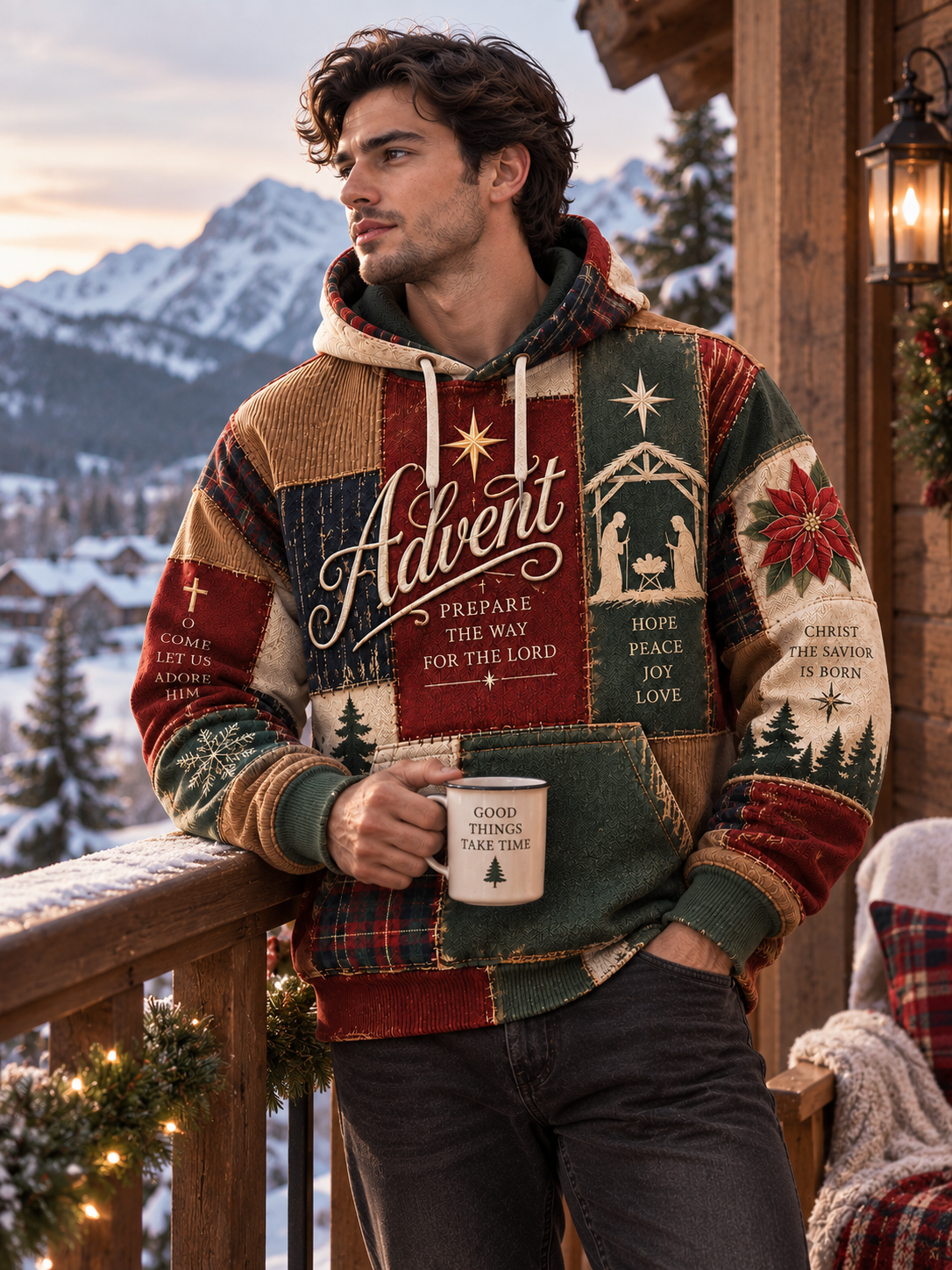 A Christmas-themed patchwork pullover hoodie with 'Advent' text, nativity scene, holiday quotes, plaid patterns, and red pine trees on a gray background.