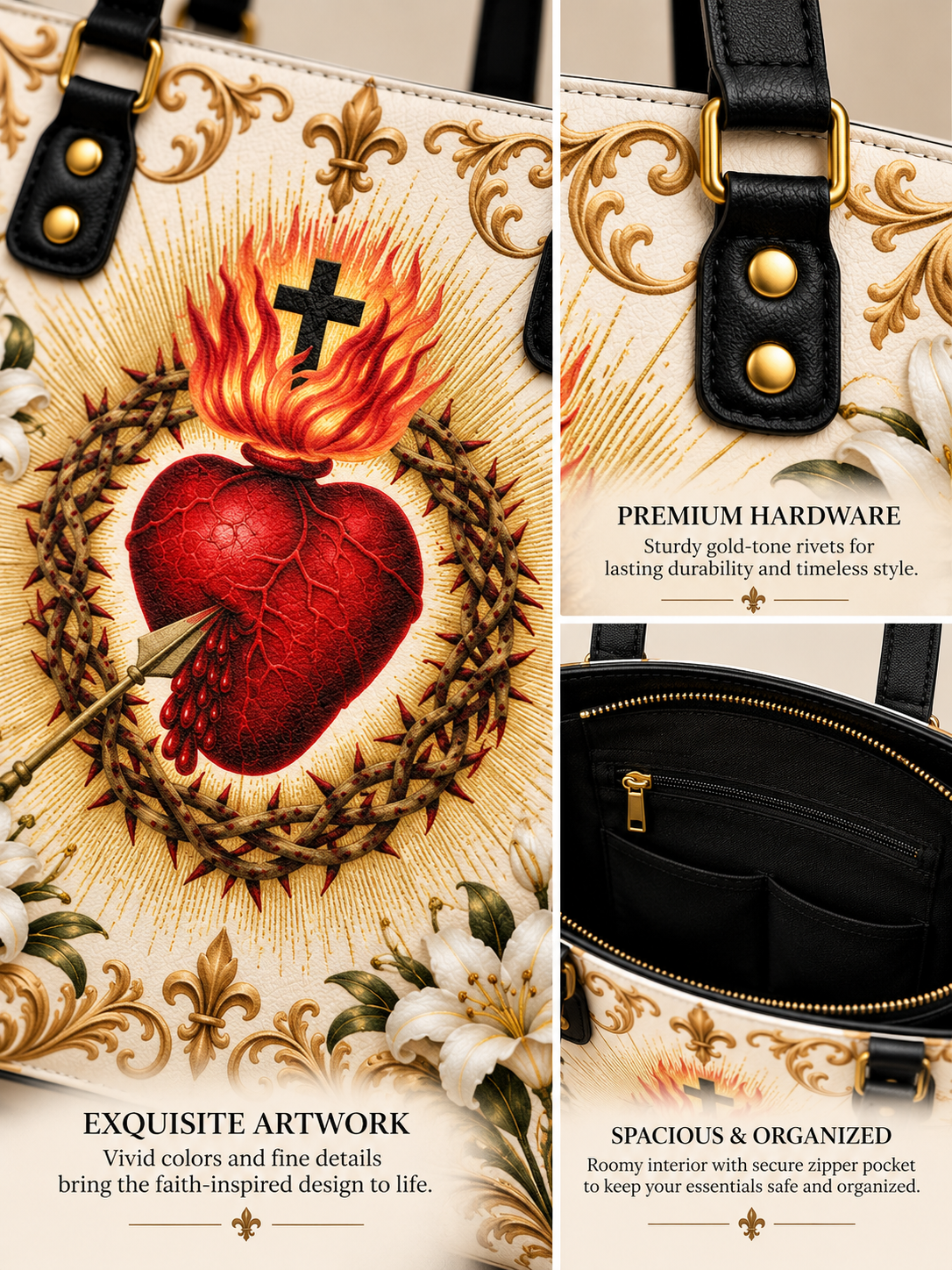 A luxury tote bag shown in a three-panel collage. The left panel displays a close-up of the front featuring a faith-inspired design with a red heart, flames, a black cross, and gold baroque scrollwork on a cream background.