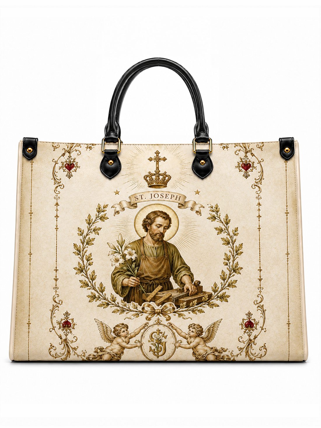 A structured beige tote bag featuring a large St. Joseph graphic print in the center, flanked by decorative gold and brown scrollwork with small red jewel accents.