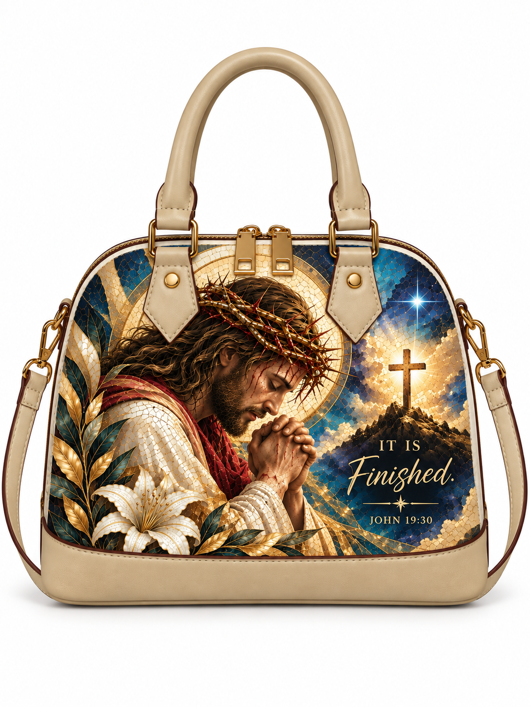 A structured beige handbag with a large printed religious graphic on the front showing Jesus in a crown of thorns beside a cross and the text 'IT IS Finished. JOHN 19:30'.