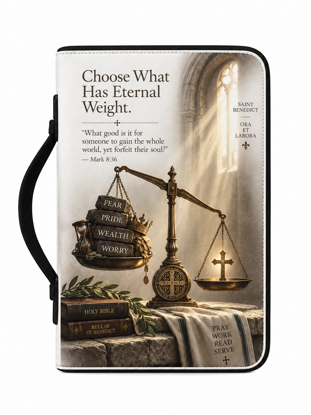 A black hardcover Bible journal or prayer book with a printed religious illustration on the front. The design shows a golden scale of justice with a cross on one side and books, a wreath, and inspirational text, including 'Choose What Has Eternal Weight' and 'Saint Benedict'.