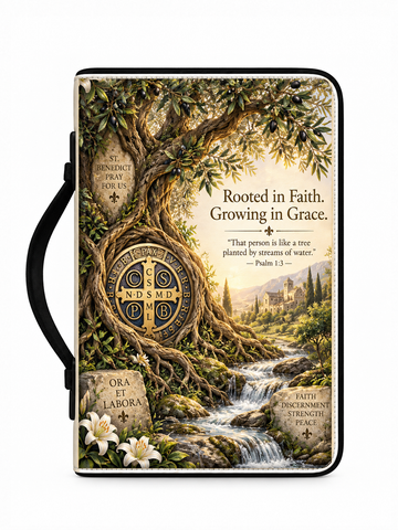 A Bible journal with a black spine and handle, featuring a detailed illustration of a tree of life, a flowing stream, white lilies, and religious text including 'Rooted in Faith. Growing in Grace.