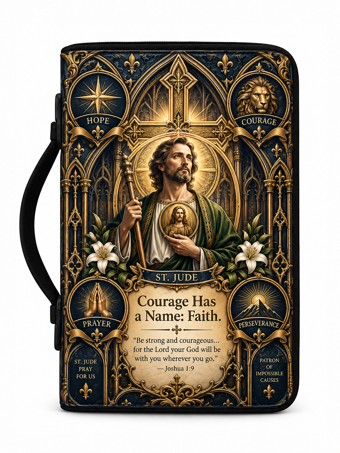 A Bible journal with a black cover featuring an ornate gold and navy gothic design, a central illustration of Saint Jude, and inspirational religious text.