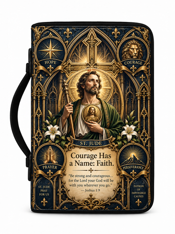 A Bible journal with a black cover featuring an ornate gold and navy gothic design, a central illustration of Saint Jude, and inspirational religious text.