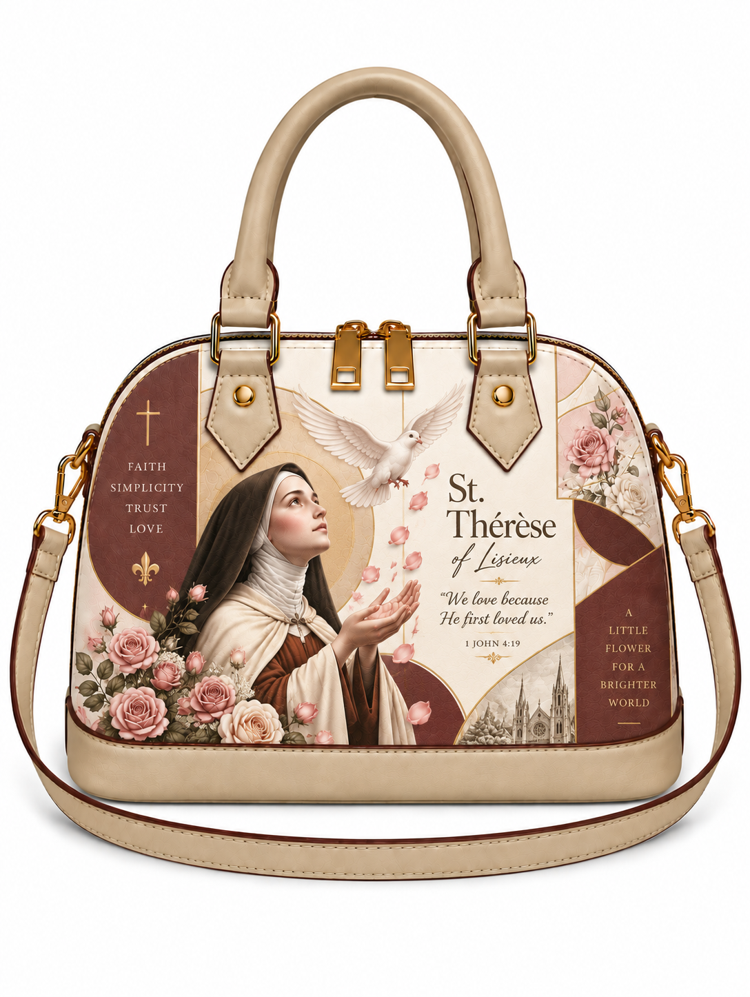 A structured dome-shaped handbag with beige leather trim and handles, featuring a detailed graphic print of St. Thérèse of Lisieux, pink roses, a white dove, and religious text on the front and sides.