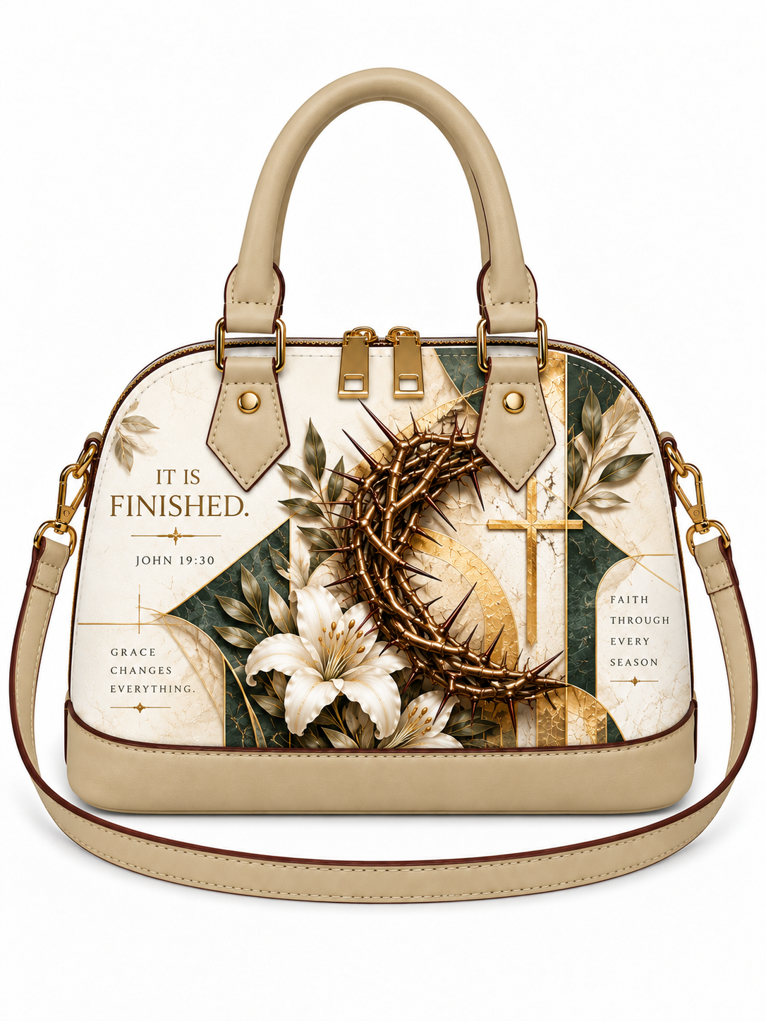 A structured dome-shaped handbag with beige leather handles and trim, featuring a printed Easter-themed graphic with a crown of thorns, lilies, a cross, and religious text on a cream background.