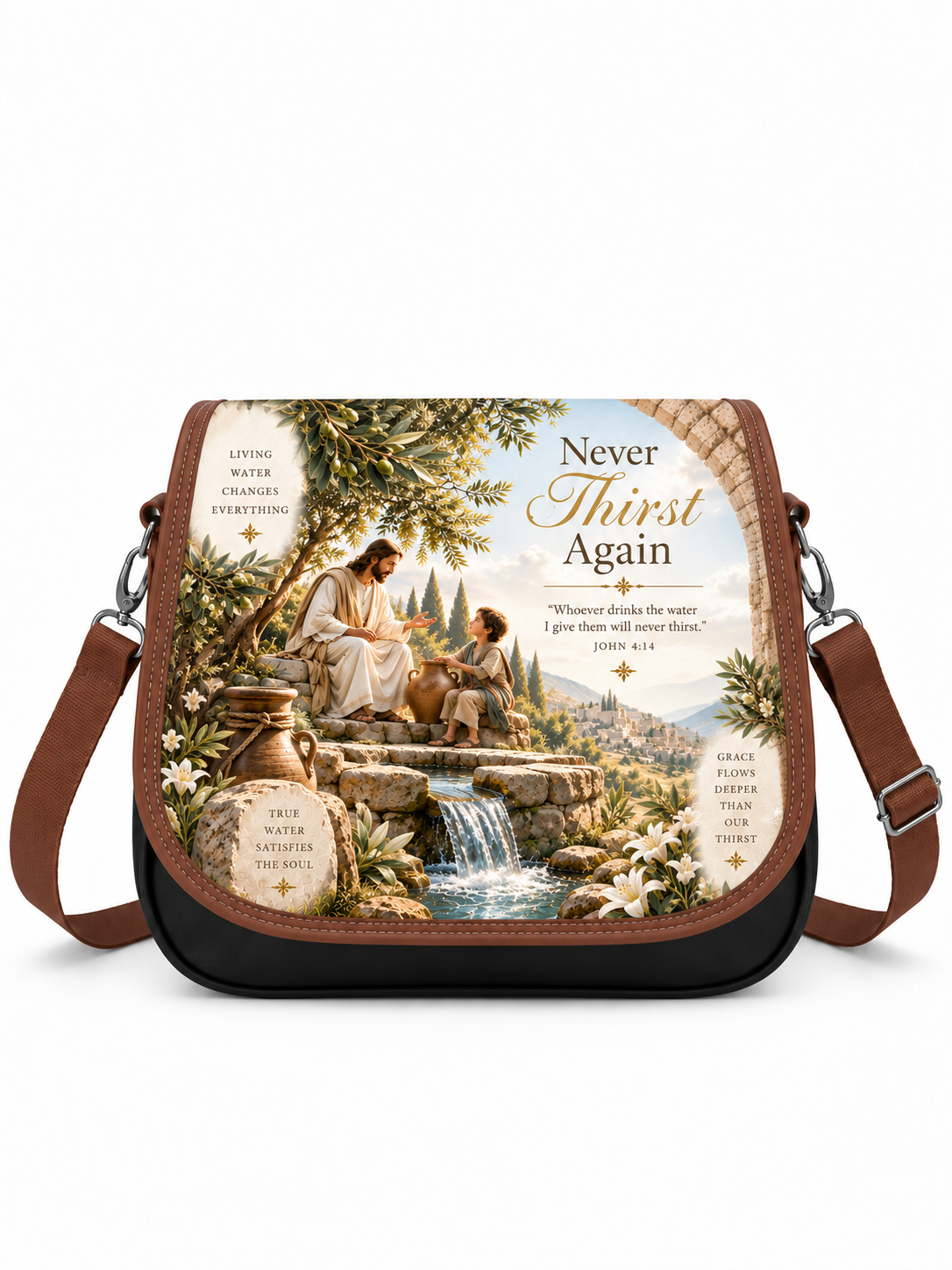 A black messenger bag with brown leather trim and a detailed religious illustration on the front. The illustration depicts Jesus and a child by a well, with the text 'Never Thirst Again' and scripture references.