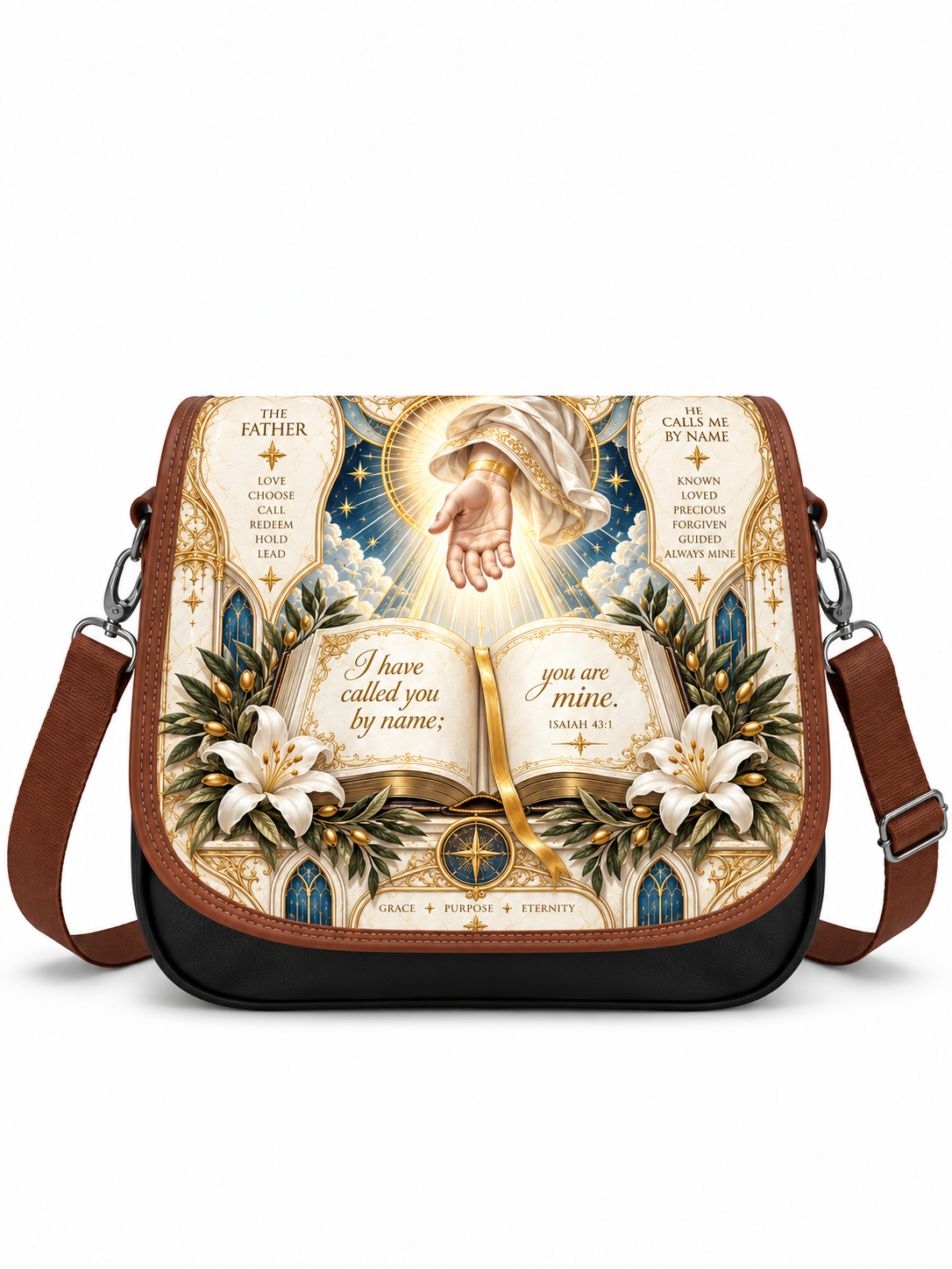 A messenger-style shoulder bag with a brown leather trim and black base, featuring a large printed religious illustration on the front. The artwork shows a radiant hand, an open Bible with the words 'I have called you by name; you are mine,' lilies, and religious text panels.