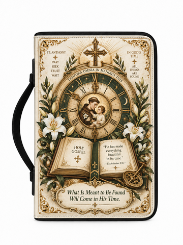 A black phone case with a detailed religious print featuring a clock, lilies, an open holy book, and a cross, with the text 'What Is Meant to Be Found Will Come in His Time' and 'Holy Gospel'.