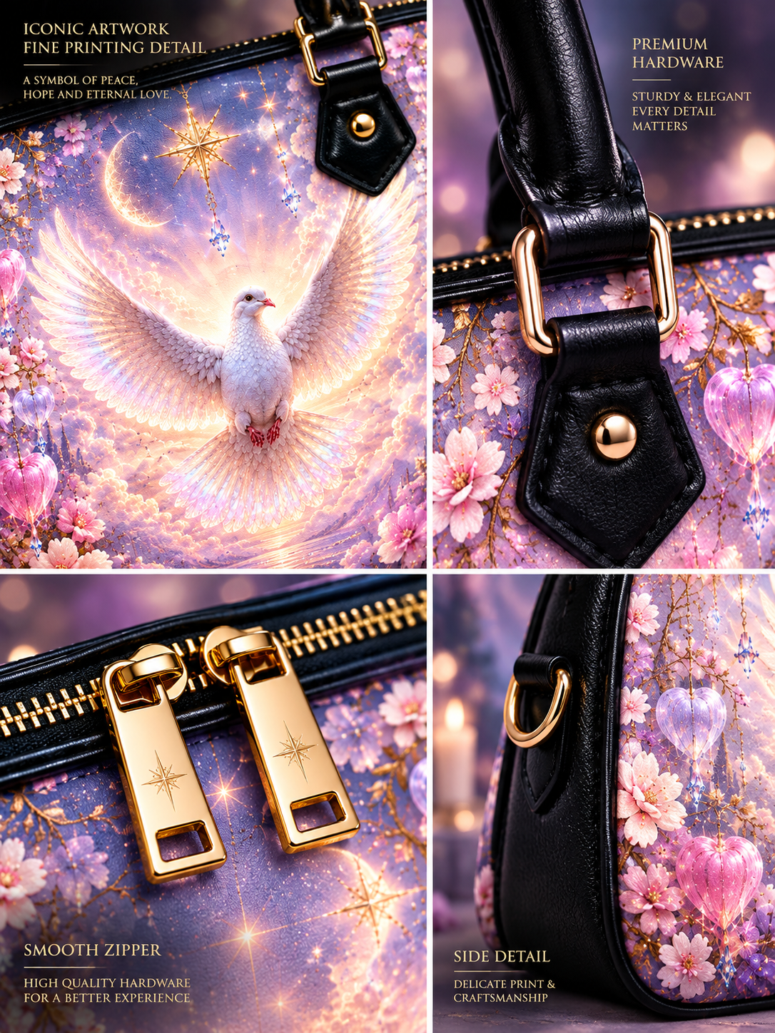 Four-panel product detail collage for a handbag. The bag features a pastel purple and pink celestial print with a white dove, stars, and pink cherry blossoms, combined with black leather trim and gold-tone hardware.