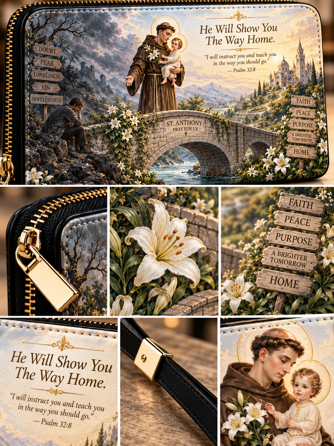 A collage showing a black leather zip-around wallet with a large printed devotional design of Saint Anthony on a stone bridge surrounded by flowers, plus several inset close-ups of the wallet material, a gold zipper pull, white lilies, wooden sign text, and a smaller printed image of Saint Anthony and a child.