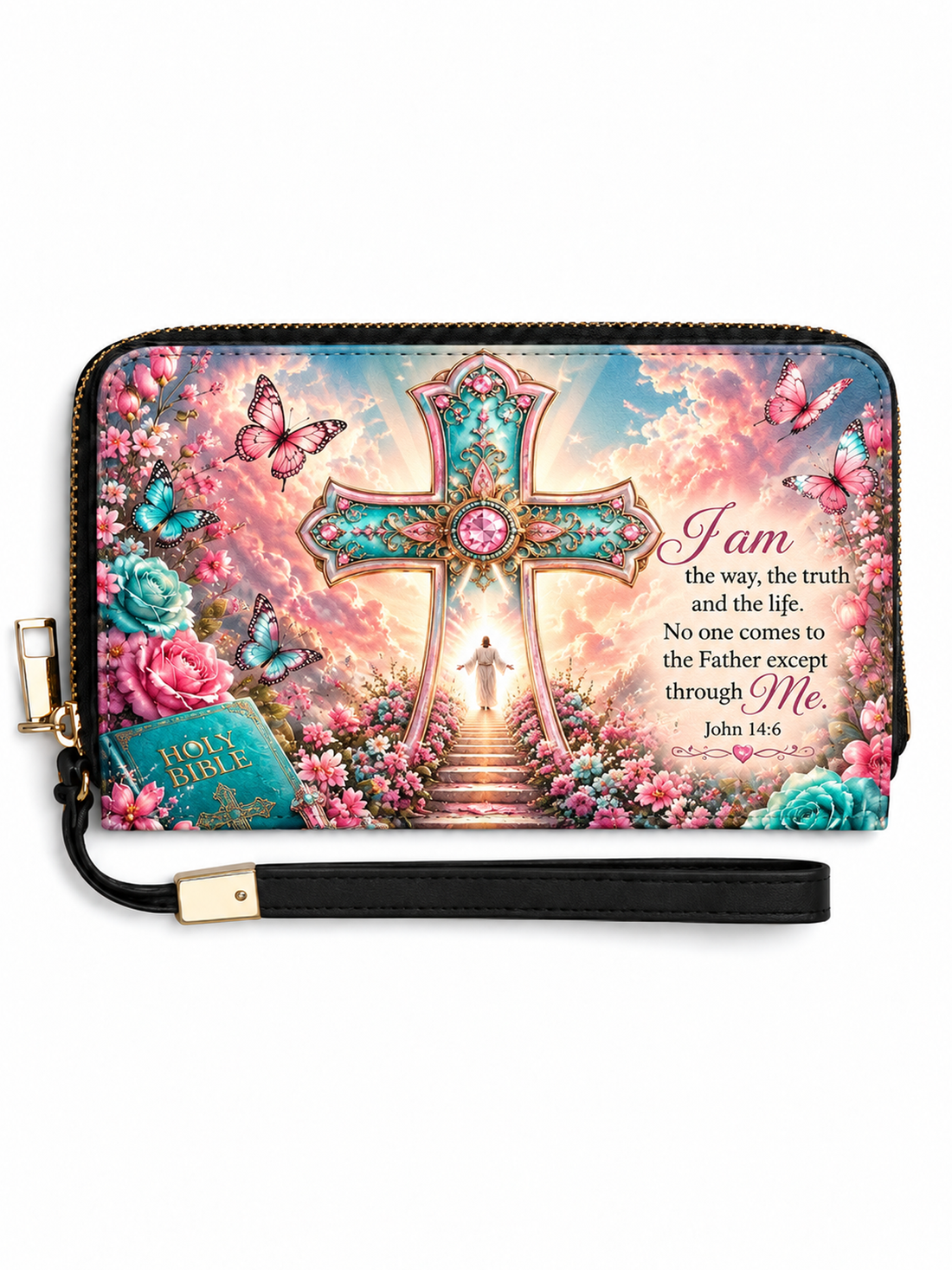 A rectangular zip-around wristlet wallet with a black wrist strap, featuring a colorful religious design with a large ornate cross, flowers, butterflies, a Bible, and a Bible verse on a white background.