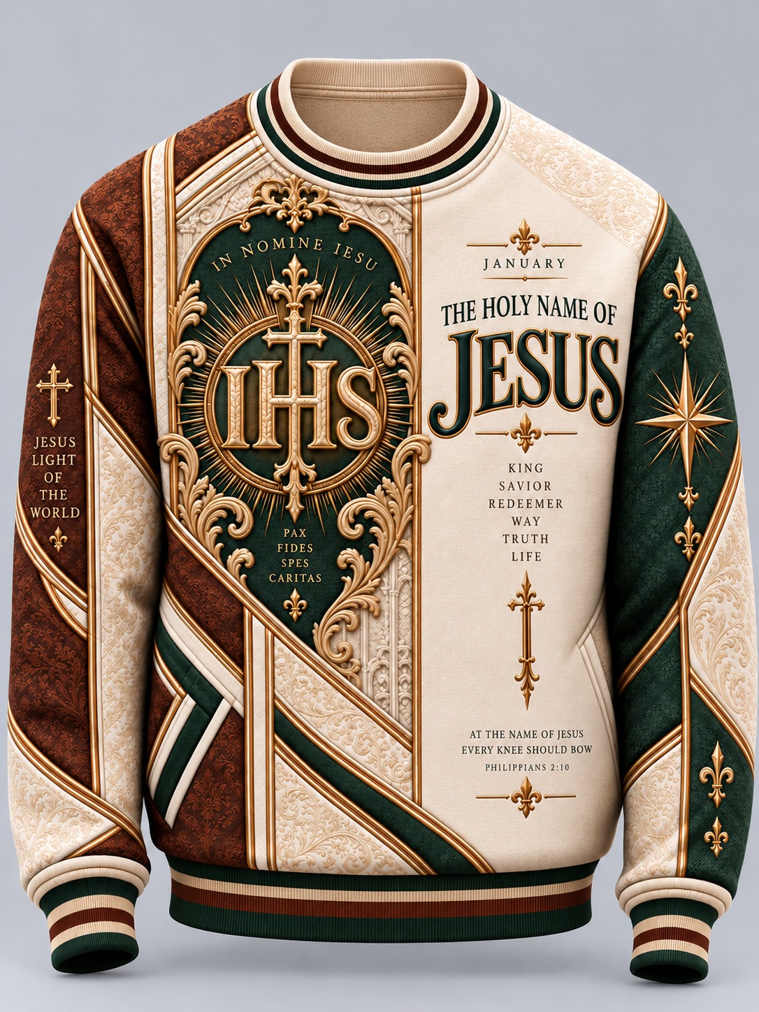 A long-sleeve crewneck sweatshirt featuring an all-over graphic print with religious text and ornate baroque-style designs. The design is split into three vertical sections: a dark brown section on the left with 'JESUS LIGHT OF THE WORLD' and a cross; a central cream and gold section with 'IHS' and 'IN NOMINE IESU'; and a cream section on the right with 'THE HOLY NAME OF JESUS' and scripture text.