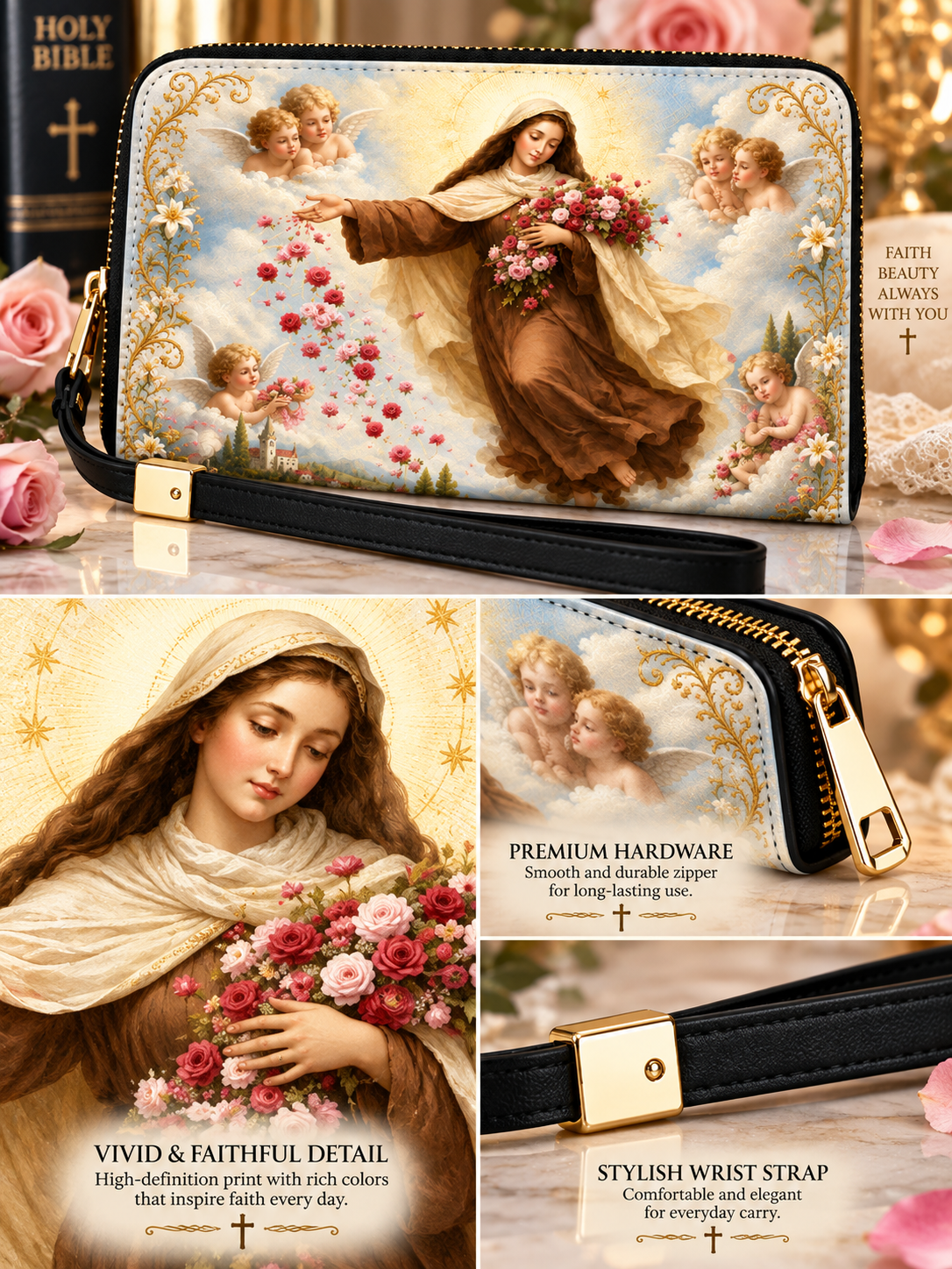 A rectangular wristlet wallet with a black strap and gold-tone hardware, featuring a religious painting print of the Virgin Mary holding a bouquet of pink roses. The collage shows the wallet closed in a studio-style setup, plus close-up detail shots highlighting the strap, clasp, and printed artwork.