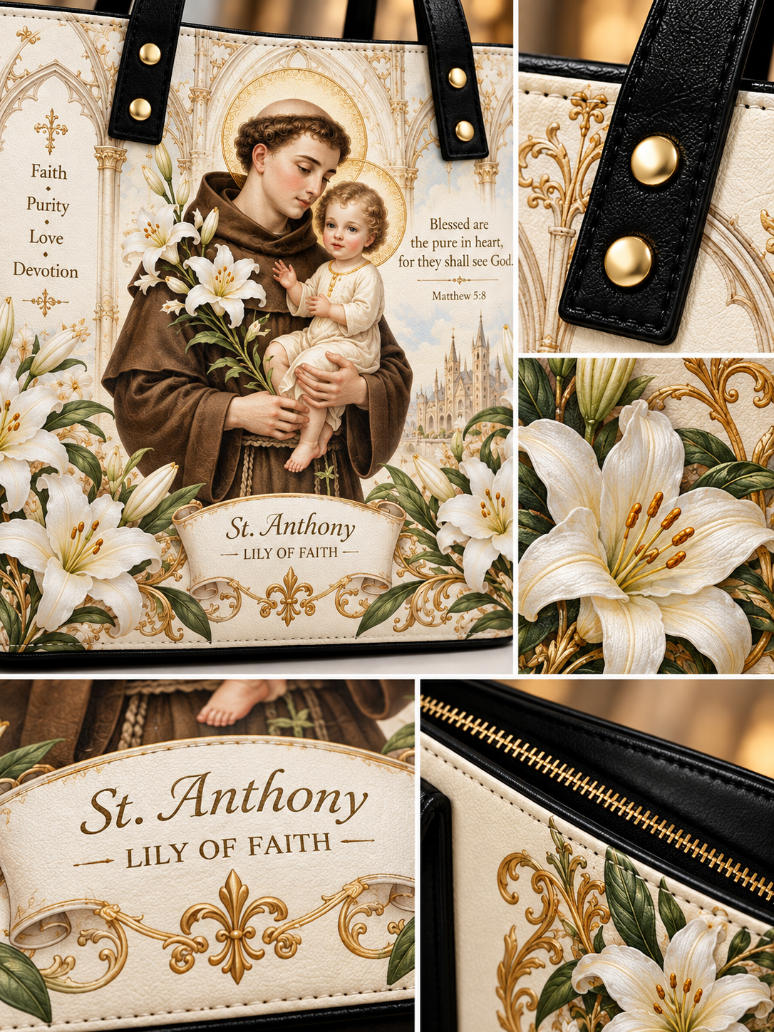 A tote bag shown in a collage of close-up detail shots. The bag has a cream and gold vintage-style print featuring St.