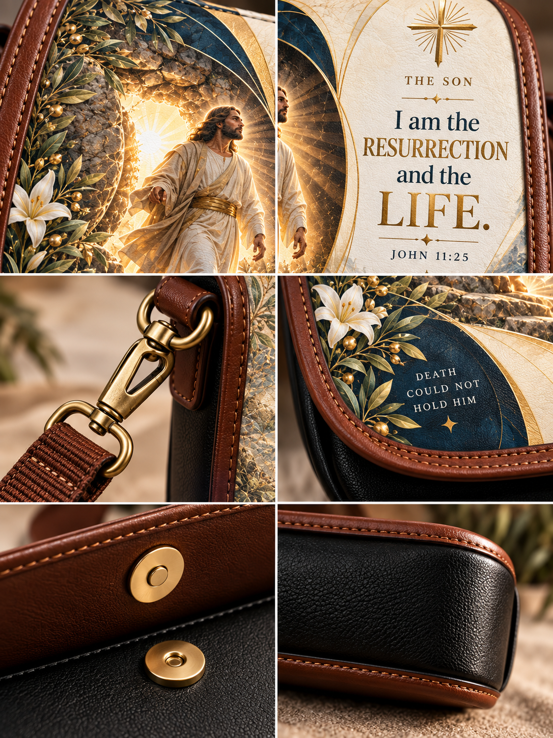A collage of six close-up views of a religious shoulder bag. The bag features a brown leather trim, a black textured leather flap, gold-tone hardware, and printed artwork and text including 'The Son', 'I am the RESURRECTION and the LIFE.