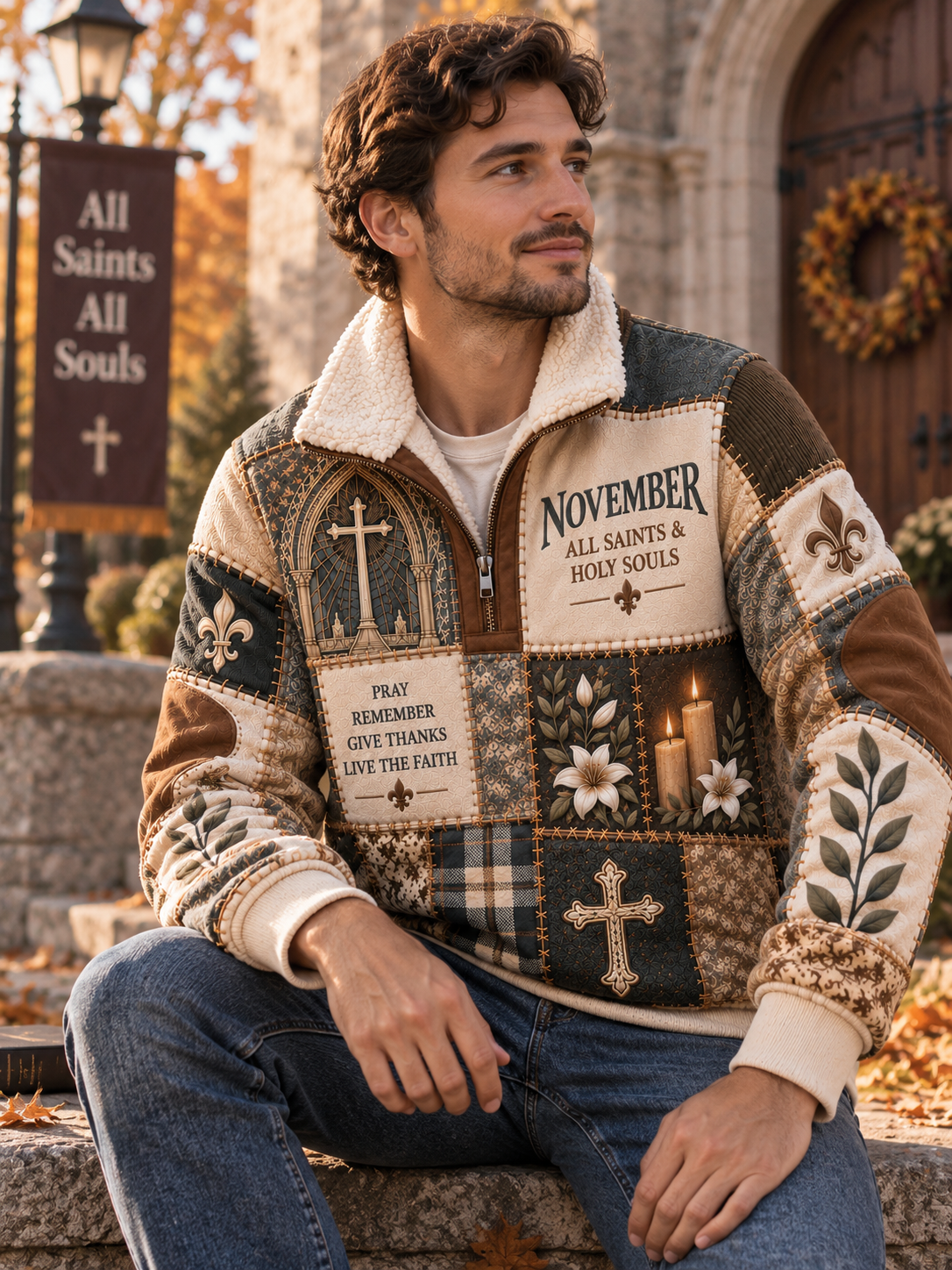 All Saints & Holy Souls November Remembrance Fur Collar Sweatshirt