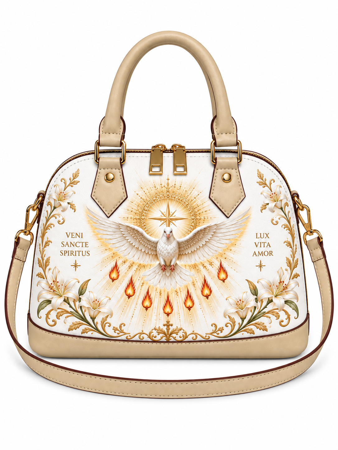 A structured dome handbag in cream and beige leather with gold-tone hardware, featuring a printed religious design of a white dove with wings spread, surrounded by flames, floral motifs, and Latin text on a white background.