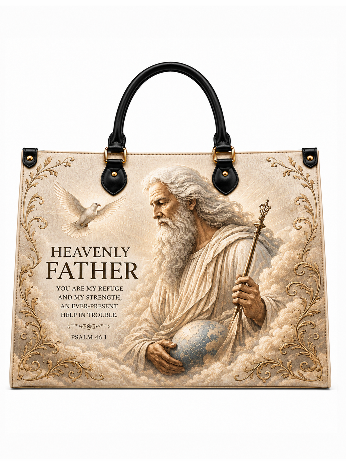 A structured tote bag with black handles and gold-tone hardware, featuring a large printed illustration of an elderly bearded man in white robes holding a staff, surrounded by clouds and a dove. The text reads 'HEAVENLY FATHER' with a Bible verse below, and ornate gold scrollwork borders the beige background.