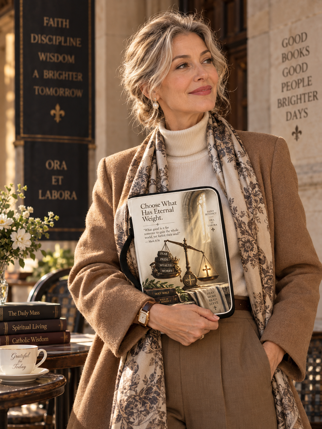 A woman stands outdoors holding a book titled 'Choose What Has Eternal Weight' by St. Thérèse of Lisieux.