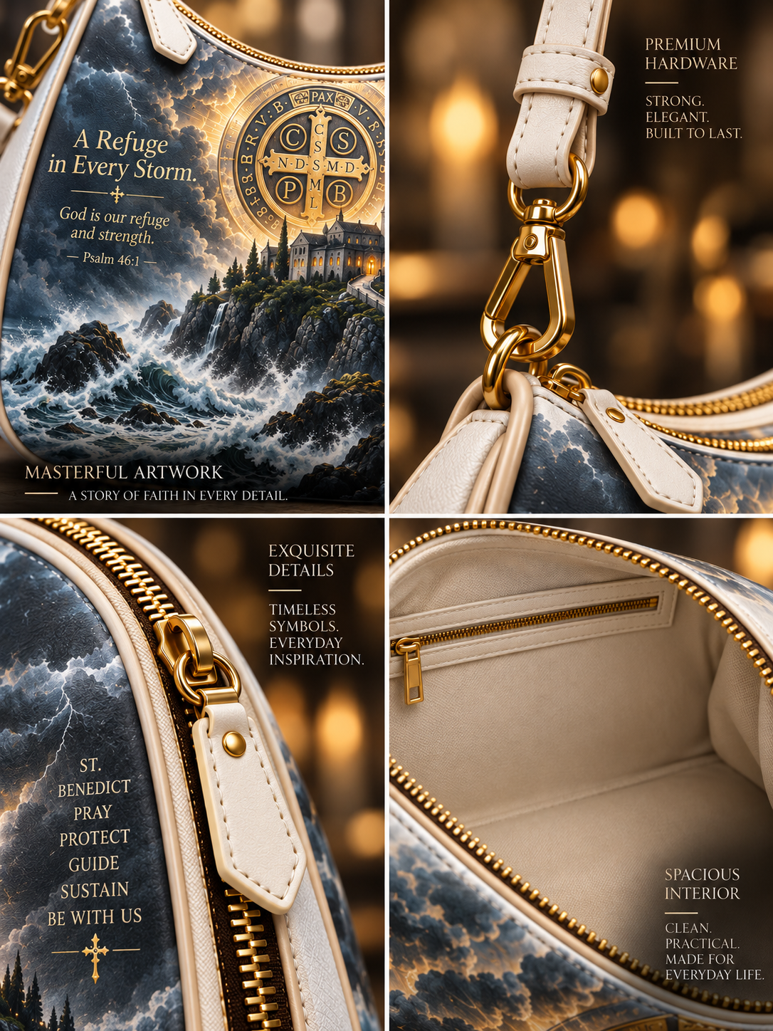 A luxury handbag shown in a four-panel collage highlighting its exterior art print, hardware details, zipper, and spacious cream interior. The bag features a dramatic stormy seascape with a lighthouse and the text 'A Refuge in Every Storm' and a gold cross emblem.