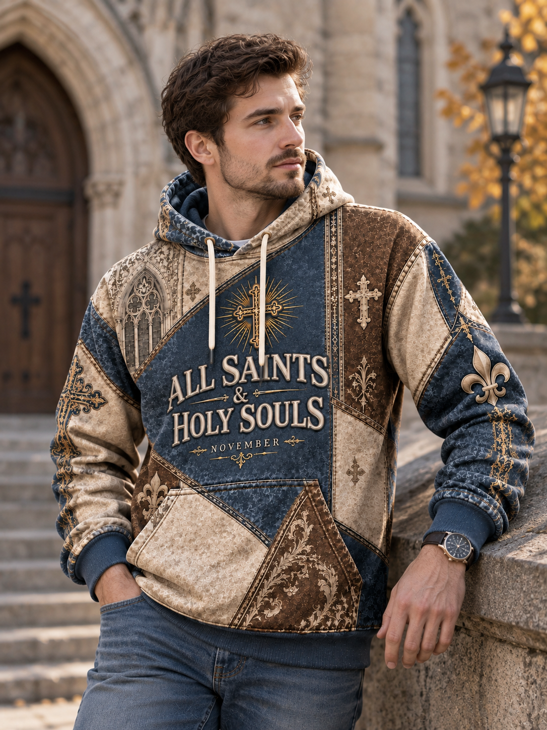 A man wearing a hooded sweatshirt with a gothic patchwork design and the text 'ALL SAINTS & HOLY SOULS' leans against a stone wall in front of a cathedral.