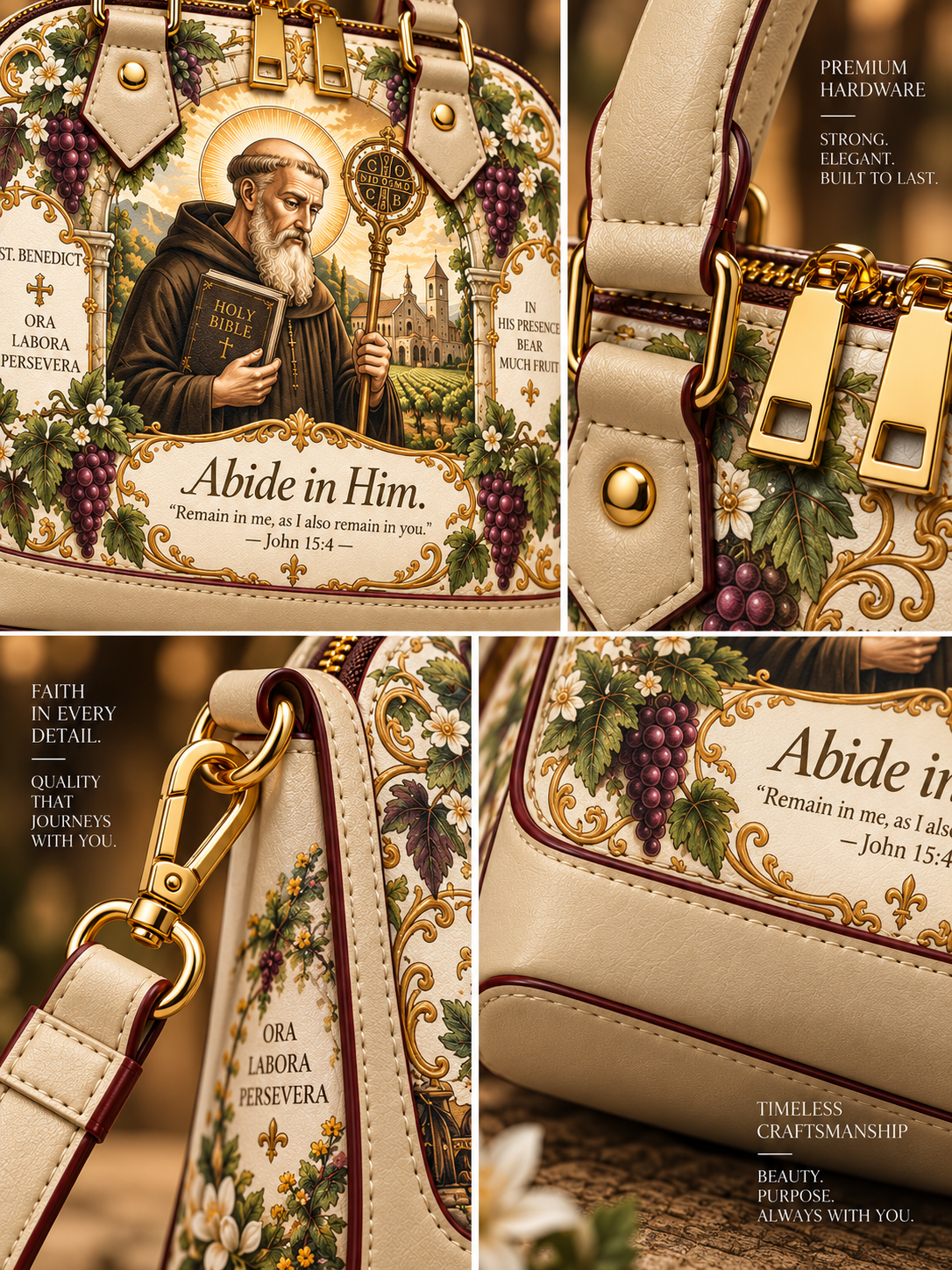 A luxury handbag shown in a four-panel collage, featuring a cream-colored leather body with ornate gold hardware, a large religious illustration of Saint Benedict on the front, and botanical grapevine motifs. Text overlays highlight premium hardware, strong construction, and timeless craftsmanship.
