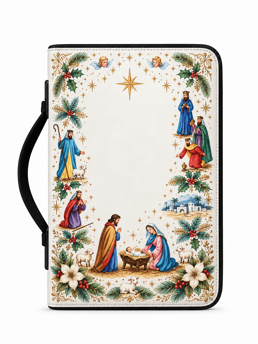 A hardcover journal or Bible with a black handle, featuring a detailed Christmas nativity scene printed on the cover. The cover has an off-white background with a border of holly, stars, and figures in traditional holiday robes, with a blank white space in the center.