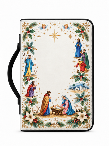 A hardcover journal or Bible with a black handle, featuring a detailed Christmas nativity scene printed on the cover. The cover has an off-white background with a border of holly, stars, and figures in traditional holiday robes, with a blank white space in the center.