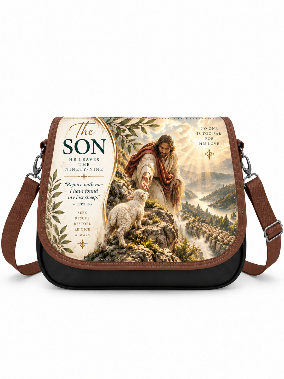 A messenger-style shoulder bag with a large printed religious artwork on the front panel. The design shows Jesus reaching out to a lamb, with mountain scenery and scripture text including 'The SON He leaves the ninety-nine.