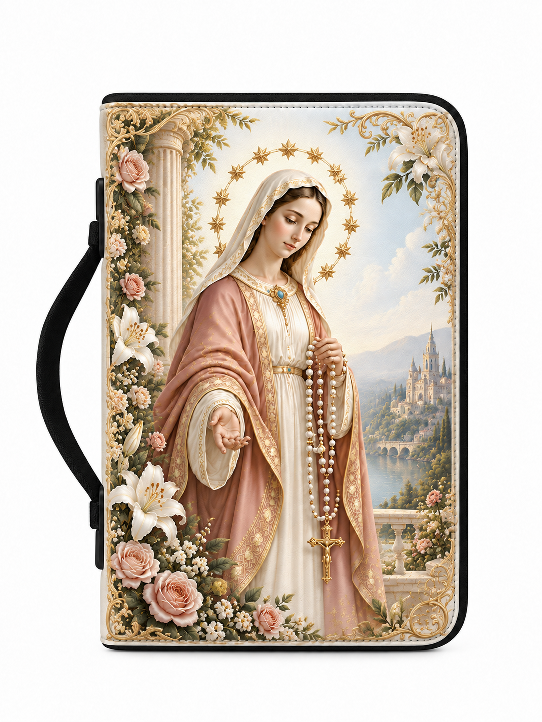 A protective phone case featuring a detailed religious illustration of the Virgin Mary, complete with a rosary, floral accents, and a black carrying strap, shown against a plain white background.