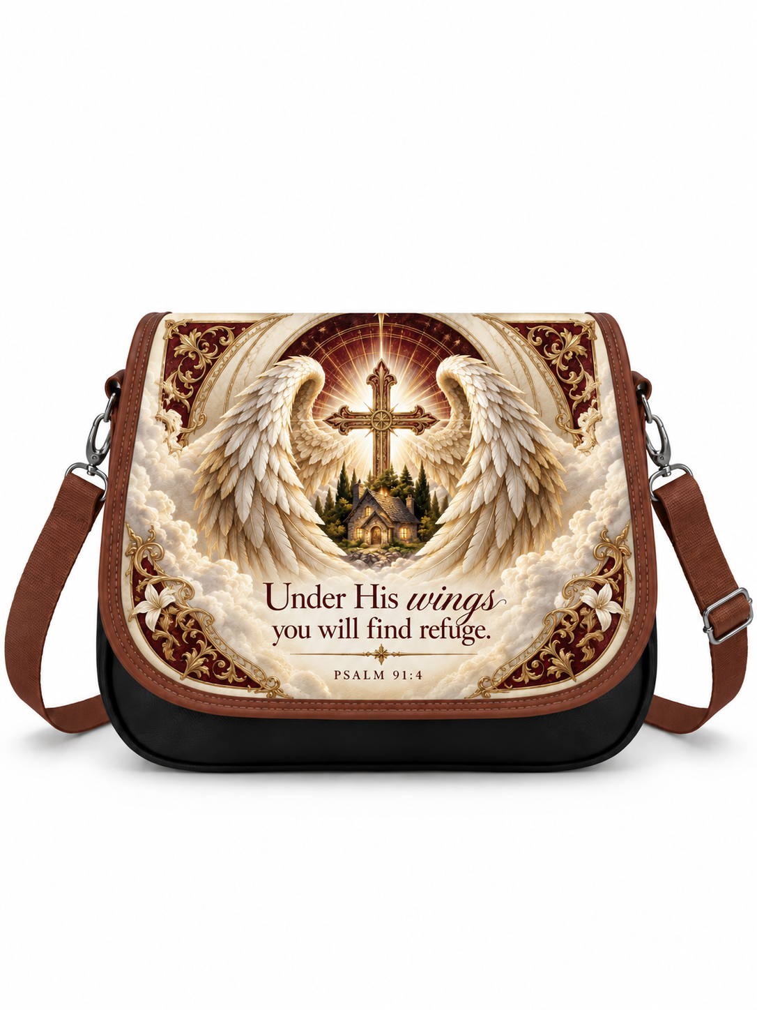 A messenger bag with a brown leather trim and strap, featuring a large front graphic print of an angel with wings, a cross, a small church, and the text 'Under His wings you will find refuge. PSALM 91:4'.