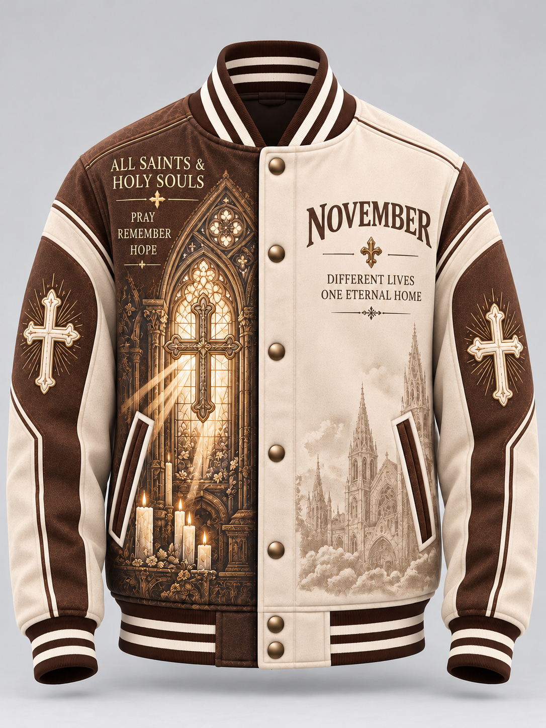 A brown and cream varsity-style jacket with detailed religious graphics, featuring a cathedral interior on the left side and a cathedral exterior on the right side, with 'November' and 'All Saints & Holy Souls' printed on the chest.
