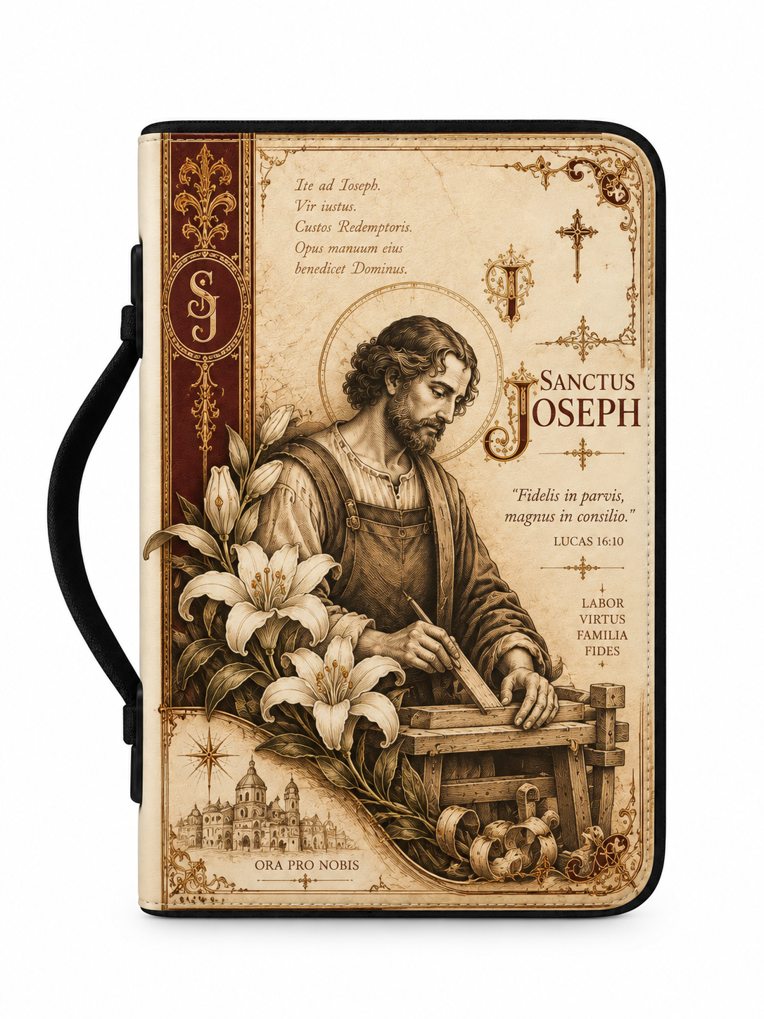A hardcover Bible or prayer journal featuring a vintage-style illustration of Saint Joseph with lilies, set against a warm beige background with black trim and a black carrying handle.