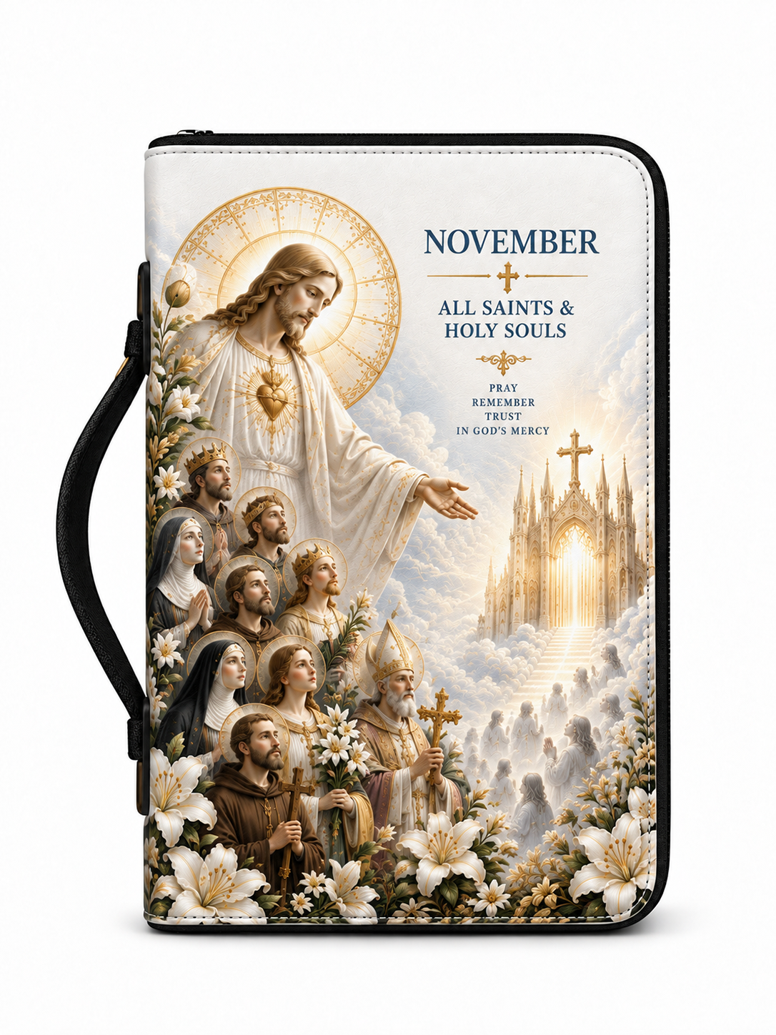 A zip-around journal or Bible-style prayer book with a black handle, featuring a religious illustration of Jesus and saints with the text 'NOVEMBER ALL SAINTS & HOLY SOULS' on the front, shown on a white background.
