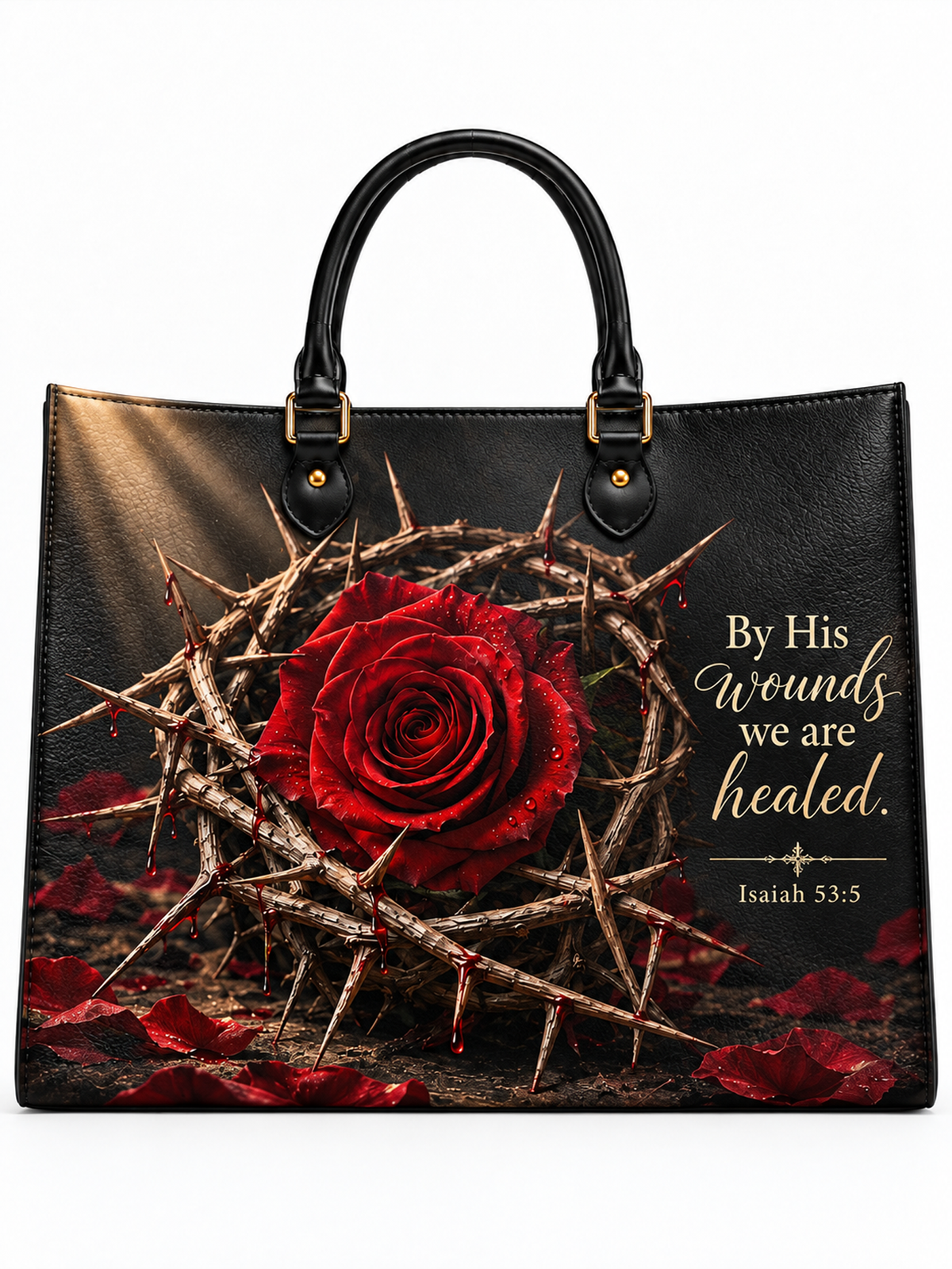 Crown of Thorns Isaiah 53:5 Sacred Rose Leather Tote Bag