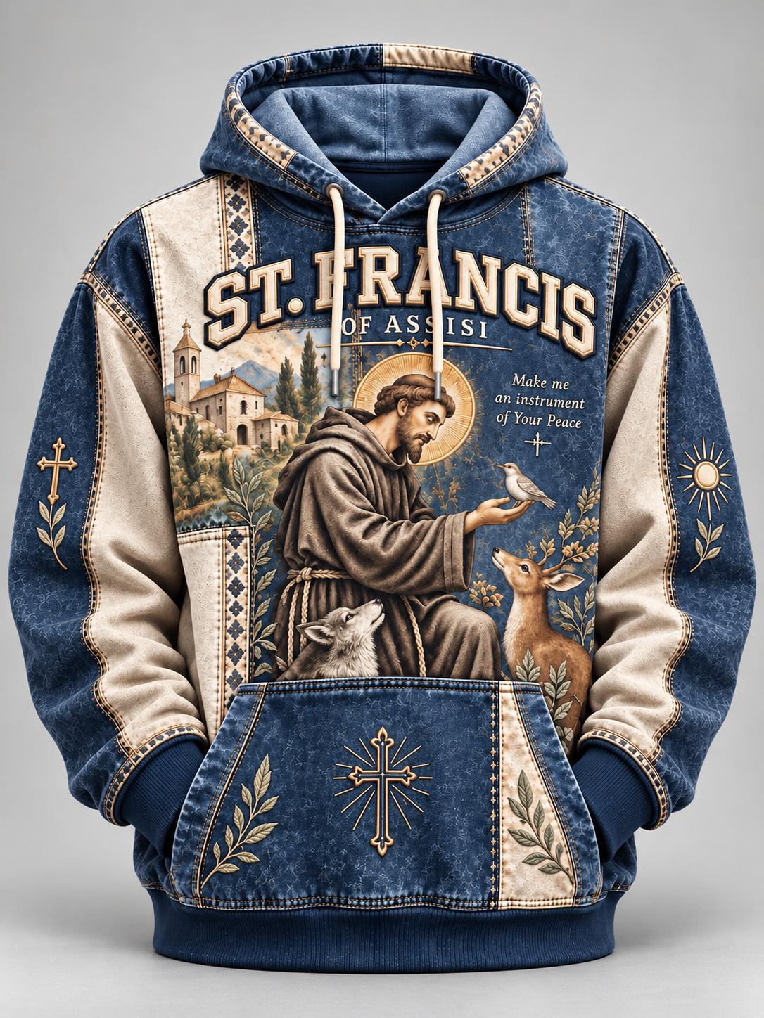 A hooded sweatshirt with a detailed graphic print of St. Francis of Assisi, styled to look like a patchwork quilt made of blue denim and beige fabric panels.