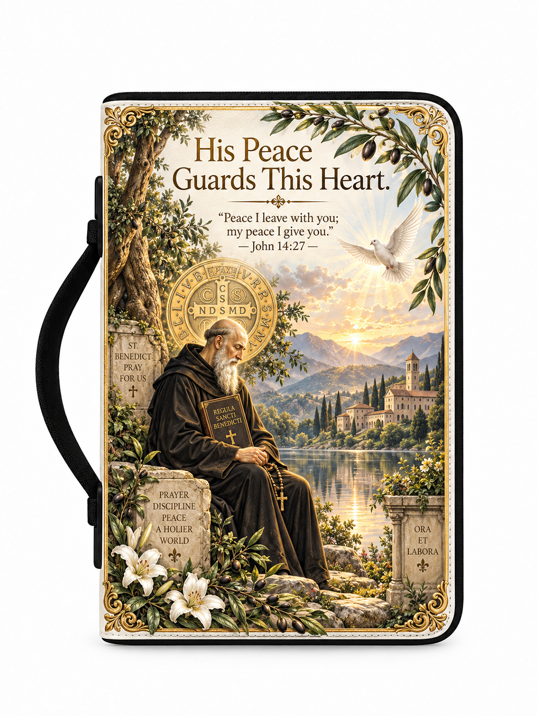 A hardcover journal or notebook with a black handle, featuring a detailed religious illustration on the cover. The artwork depicts a saint in a brown robe sitting by a lake, with a white dove, lilies, tombstones, and the text 'His Peace Guards This Heart' and a Bible.