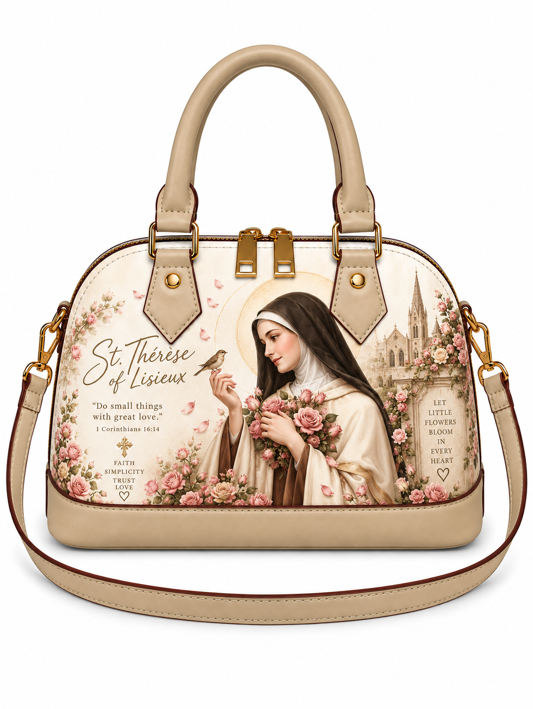 A structured dome-shaped handbag with beige leather trim and handles, featuring a printed illustration of St. Therese of Lisieux, pink roses, and religious text on the front.