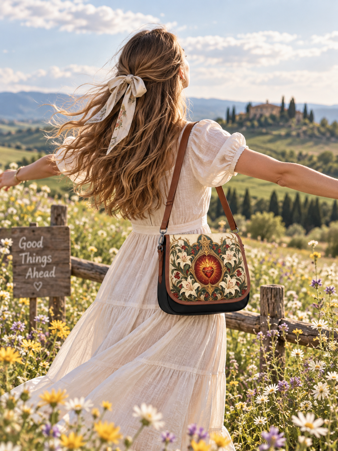 A woman in a cream dress stands in a sunlit wildflower meadow with her back to the camera, wearing a decorative embroidered shoulder bag with a brown strap. A scenic Tuscan landscape with hills and a villa is visible in the background.