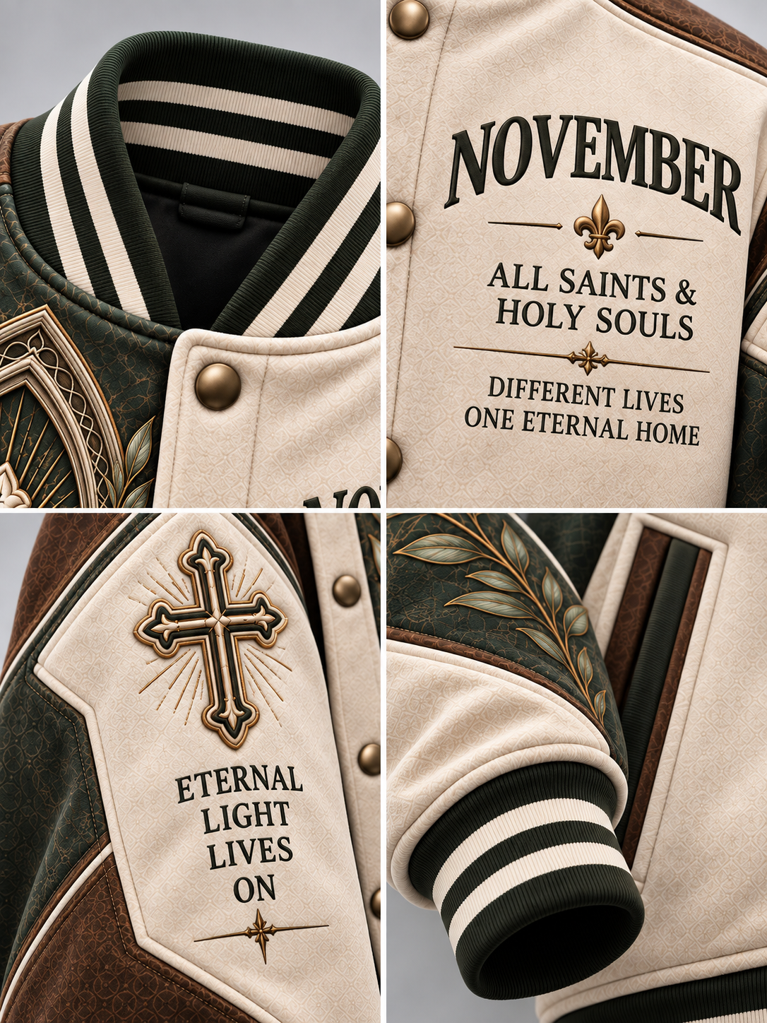 A close-up collage of a varsity-style jacket showing the cream and dark green ribbed collar, front snap closure, sleeve cuff, and shoulder patch details. The jacket has decorative embroidered or printed religious text and motifs, including 'NOVEMBER', 'ALL SAINTS & HOLY SOULS', 'ETERNAL LIGHT LIVES ON', and a cross emblem.